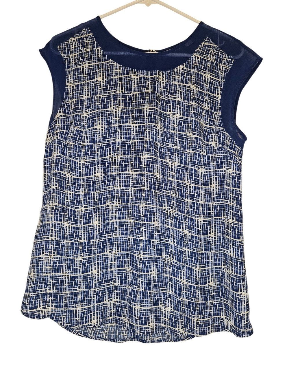 Halogen Navy and White Sheer Patterned Cap-Sleeve Camisole Preppy Casual